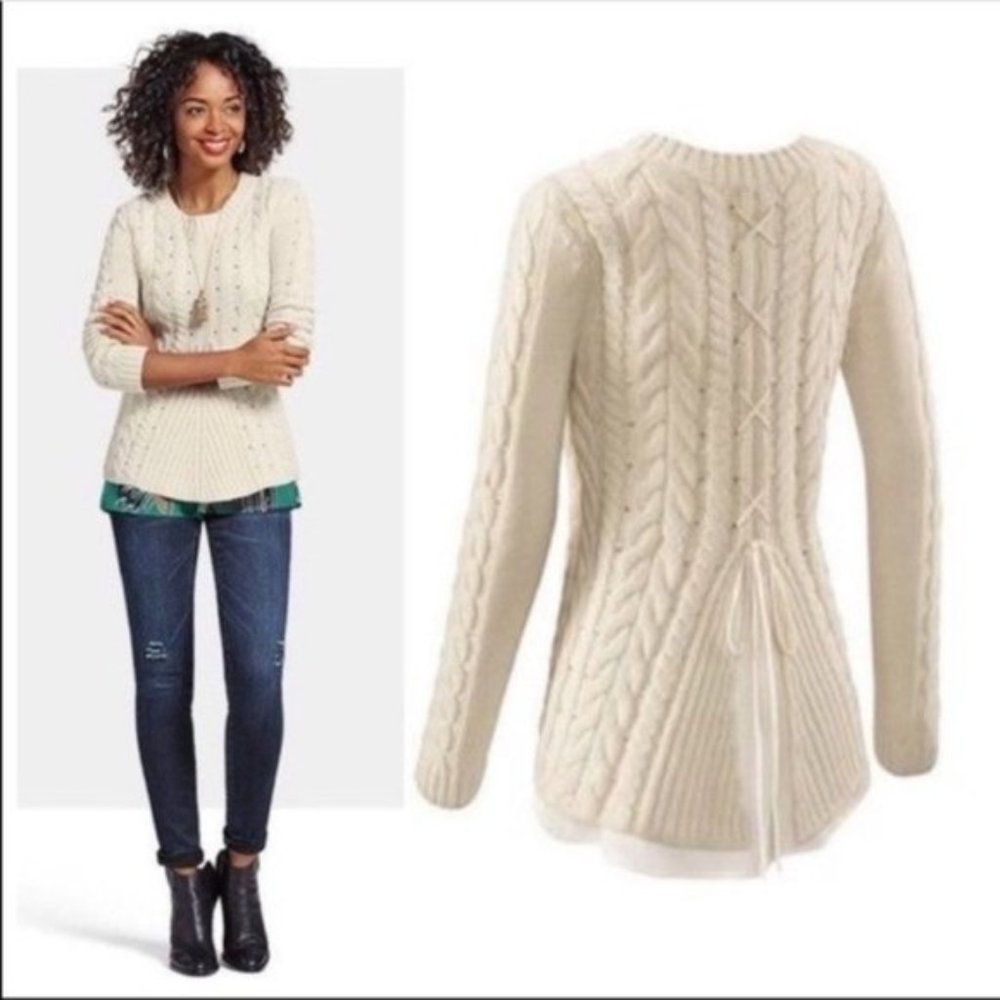 CAbi 3157 lace up back cable knit sweater medium